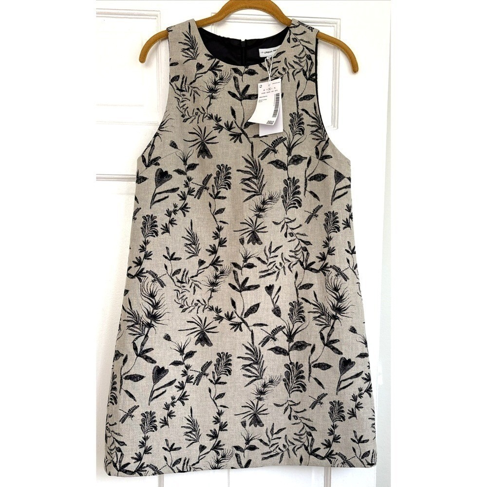 NWT Womens Linen Blend Botanical Dragonfly Shift Dress Natural‎ Black Size M